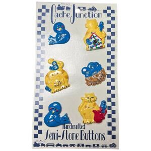 Cache Junction Yellow Cat Blue Duck Painted Semi Stone Buttons Vintage